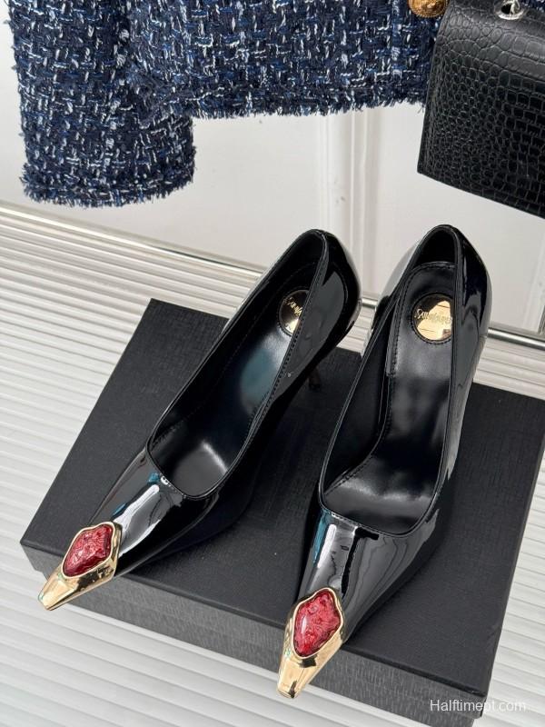 2024 Women Yves Saint Laurent Black Patent Leather High Heel Gemstone MJ00330
