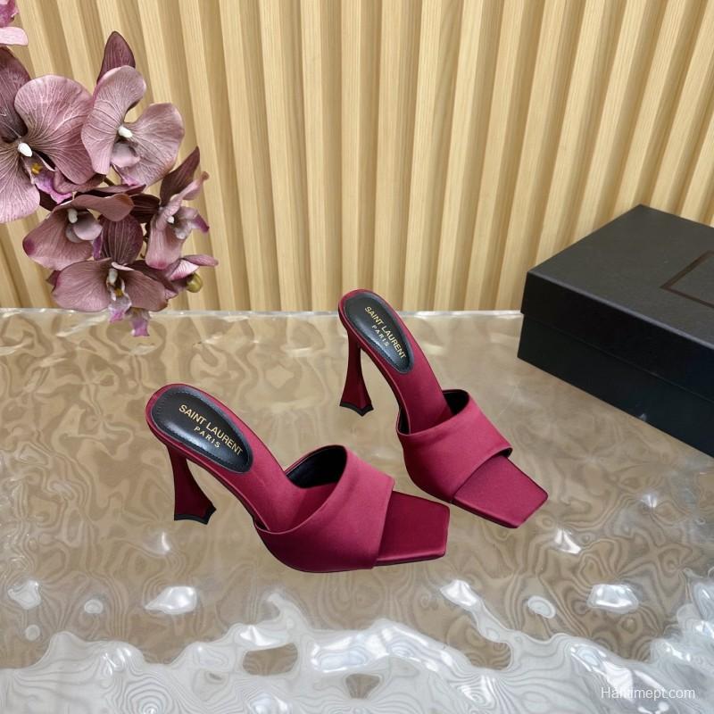2025 Women Yves Saint Laurent Burgundy Satin High Heel Mules