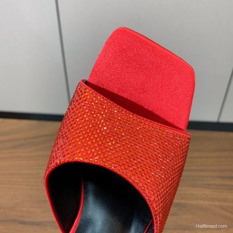 2025 Women VERSACE Red Leather Suede Slip-on Sandals