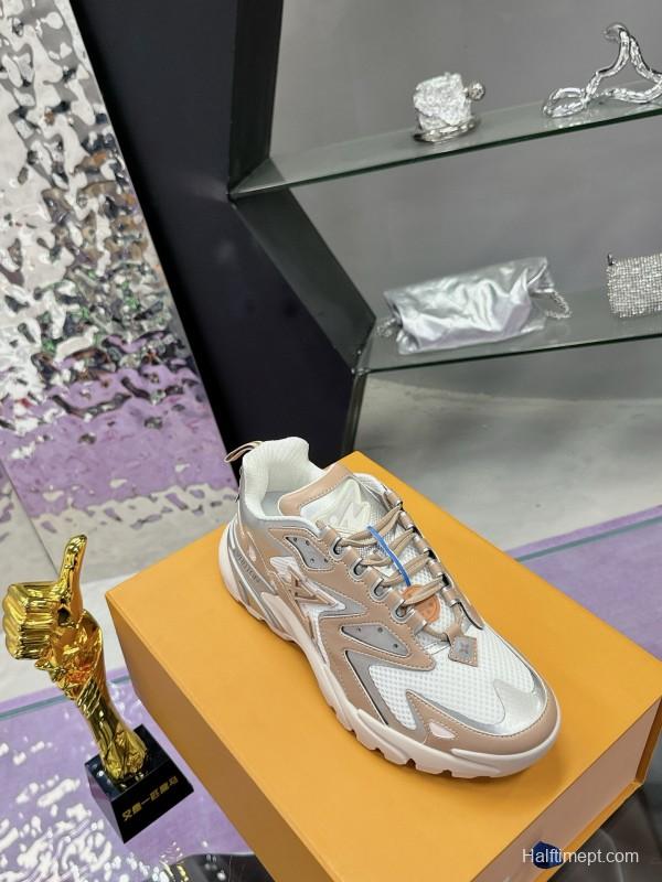 2025 Men Louis Vuitton Gradient Color Beige White Mesh Leather Sneakers MJ00420