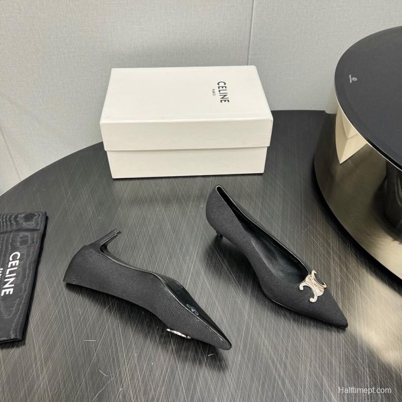 2025 Women Celine Black Fabric Pointed Toe Metal Buckle Pumps