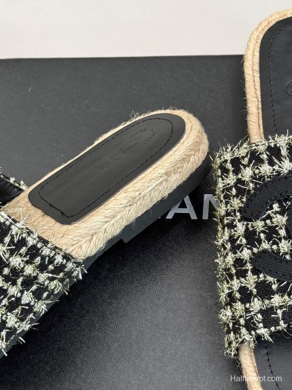 2025 CHANEL Black White Tweed Slippers