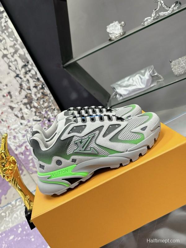 2025 Men Louis Vuitton Green Grey Mesh Leather Sneakers MJ00420