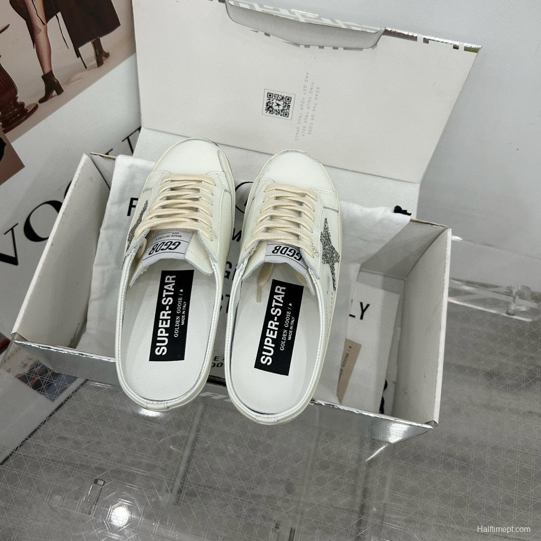 2025 Women GGDB White Silver Leather Suede Star Mules