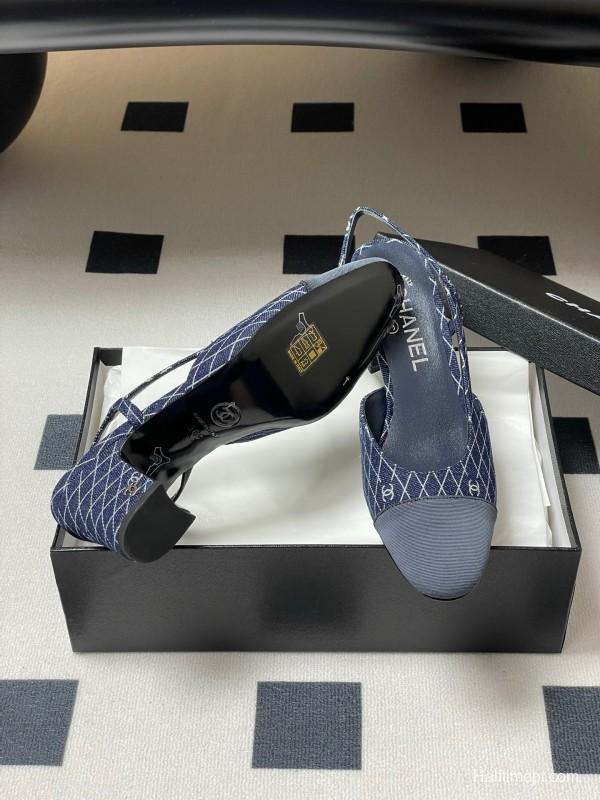 2025 Women Chanel Blue Denim Leather Sling-back Heels