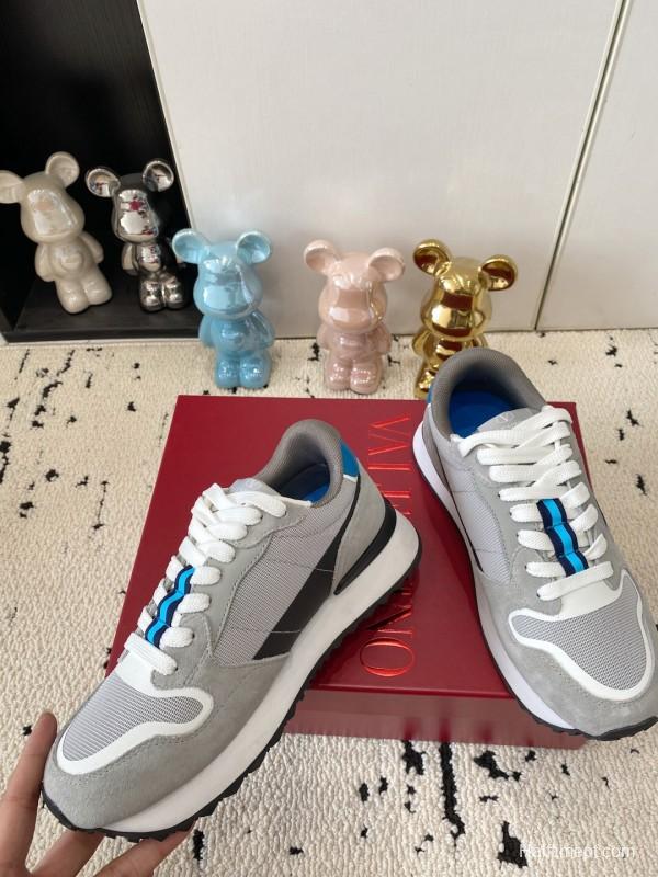 2025 Unisex Valentino Grey Blue White Leather Silk Glossy Running Sneakers LY00340