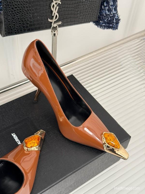2024 Women Yves Saint Laurent Brown Patent Leather High Heels Metal Tip MJ00330