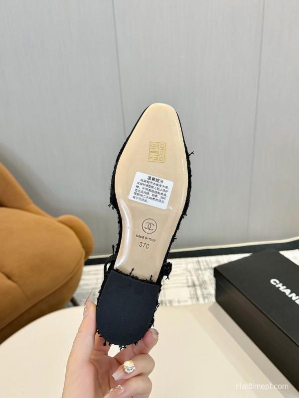 2025 Women Chanel Black Leather Tweed Ballet Flats LY00240