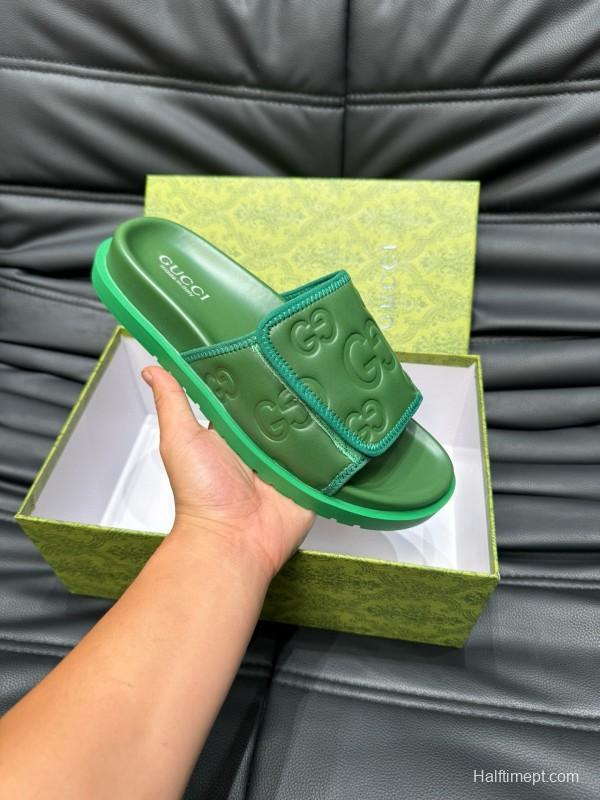 2024 Gucci Green Leather Slippers MJ00200