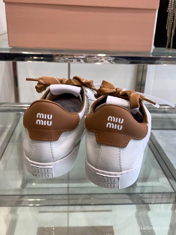 2025 Women Miu Miu White Brown Leather Sneakers LY00290