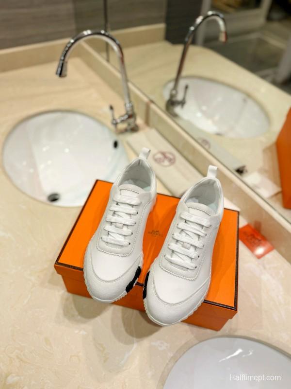 2024 Unisex Hermès White Imported Calf Leather Rain Cloth Casual Sneakers MJ00320