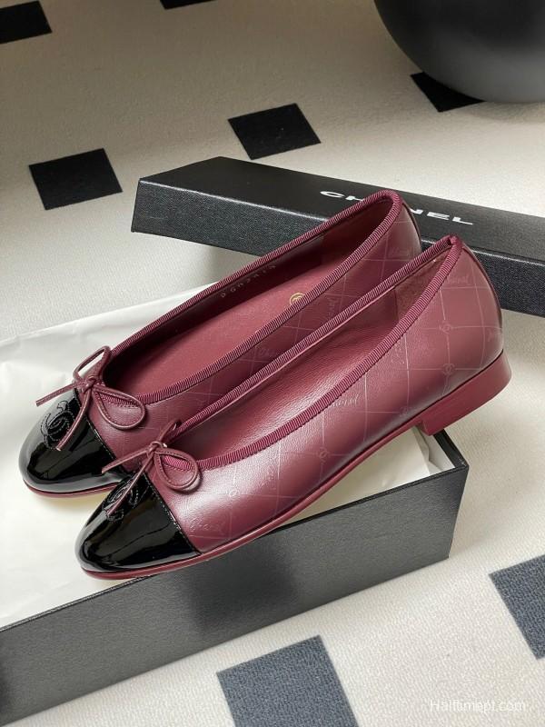 2025 Women Chanel Purple Black Leather Ballet Flats KFY00320
