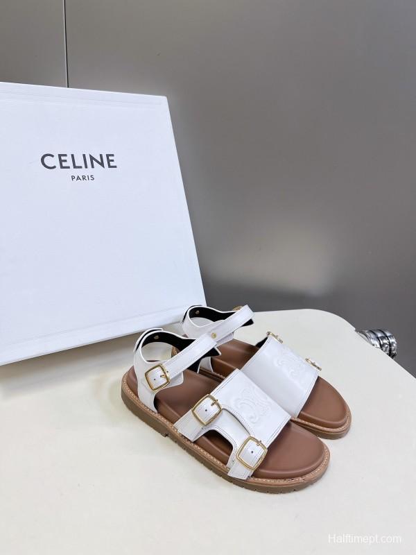 2025 Women Celine White Leather Sandals Buckle KFY00280