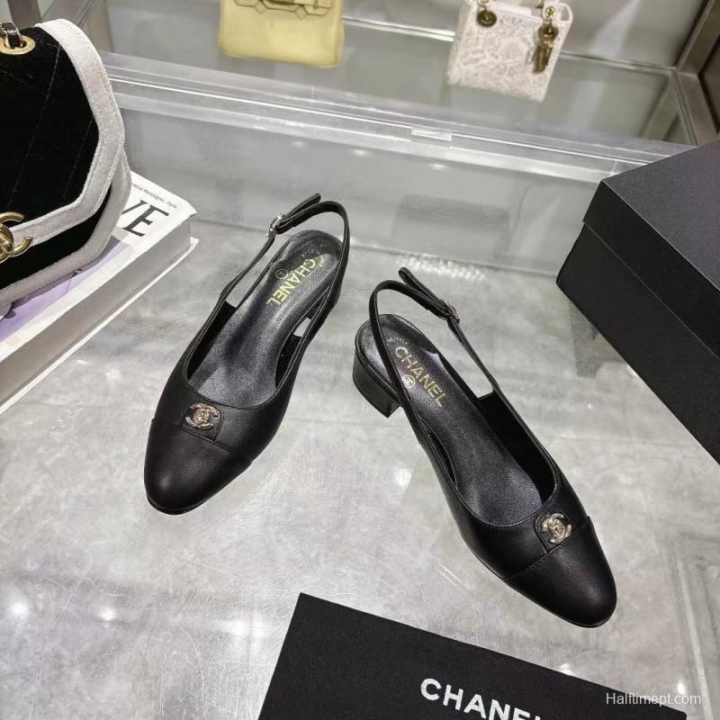 2025 Women Chanel Black Leather Slingback Pumps LY00300