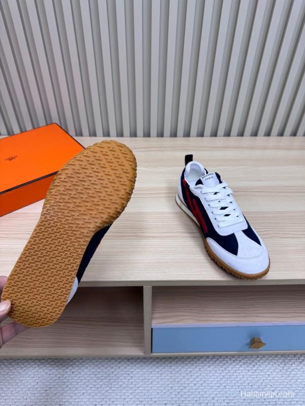 2025 Unisex Hermès White Navy Red Suede Down Fabric Sneakers KFY00300