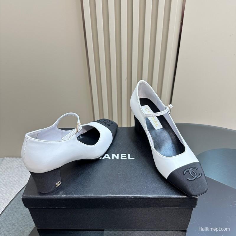 2025 Women Chanel White Black Leather Mary Jane Double Strap CC Logo KFY00290