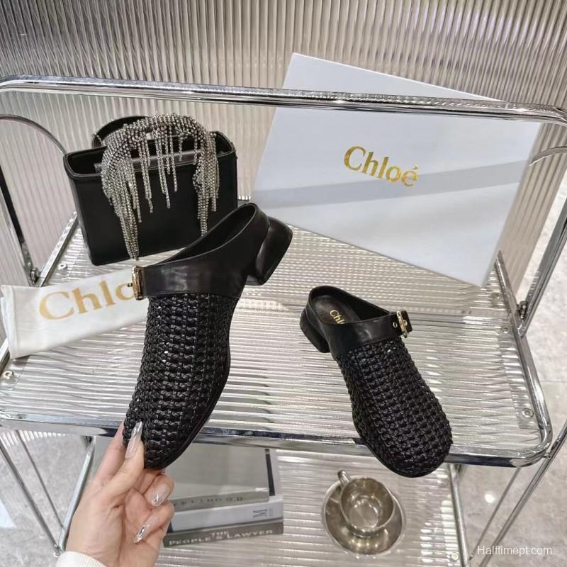 2025 Women Chloé Black Leather Woven Slippers