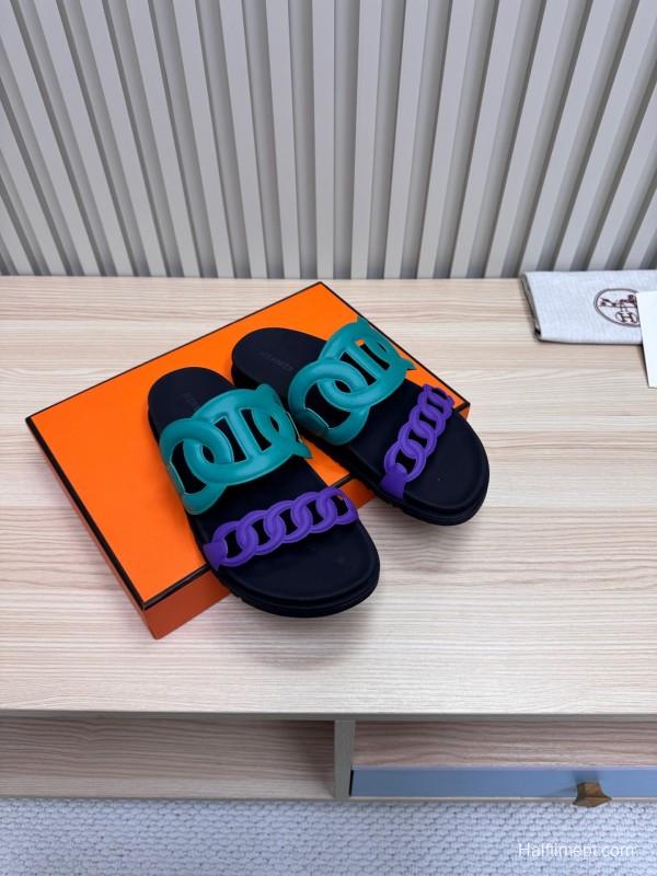 2025 Slippers Hermès Green Purple Rubber Casual LY00360