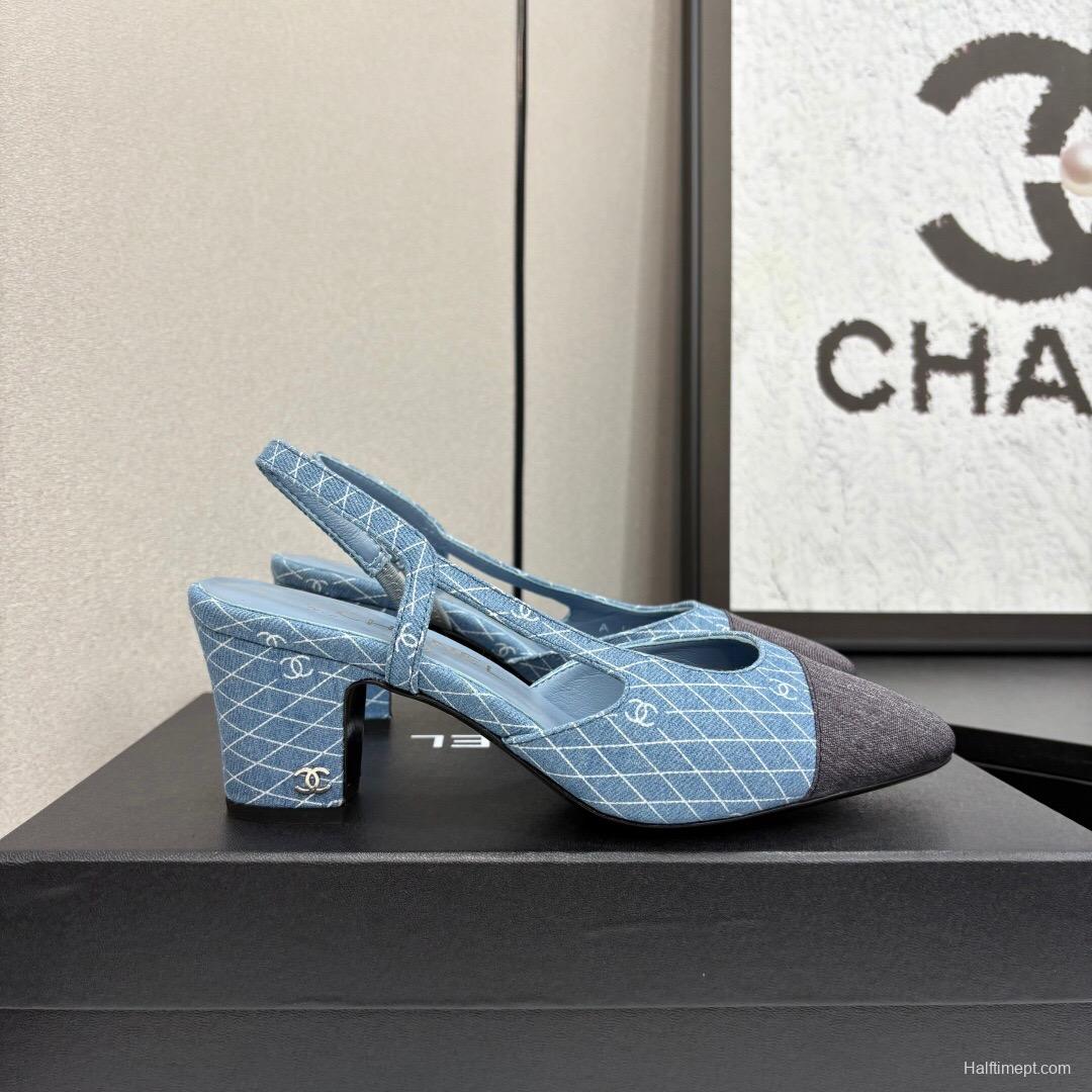 2025 Women Chanel Blue Grey Denim Leather Slingback Shoes