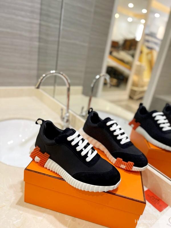 2024 Unisex Hermès Black Orange Imported Silk Calfskin Sneakers MJ00320