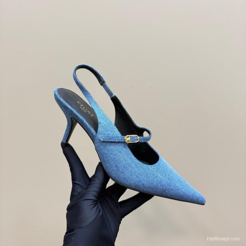 2025 Women CELINE Blue Denim Suede Slingback Pumps KFY00290