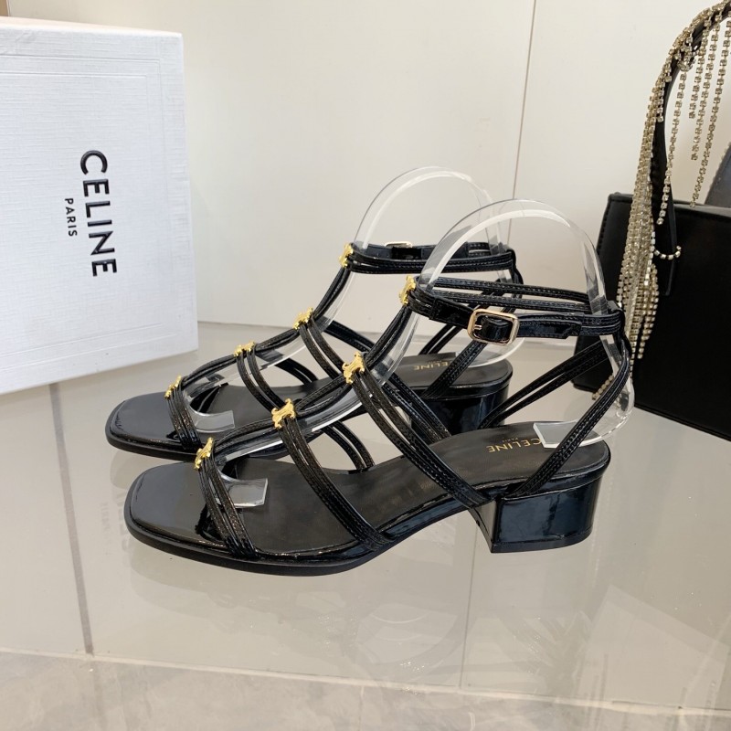 2025 Women Celine Black Patent Leather Sandals
