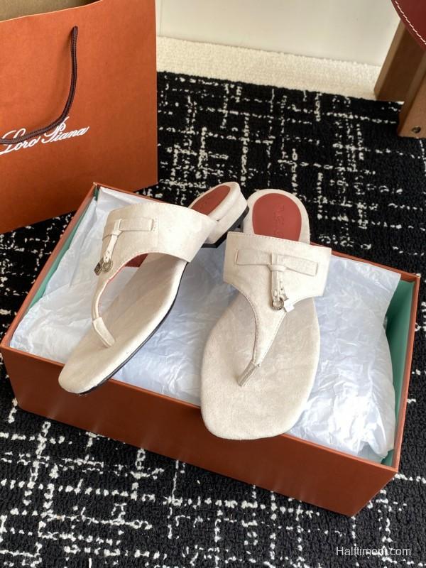 2025 Women Le Parmentier White Suede Thong Sandals KFY00280