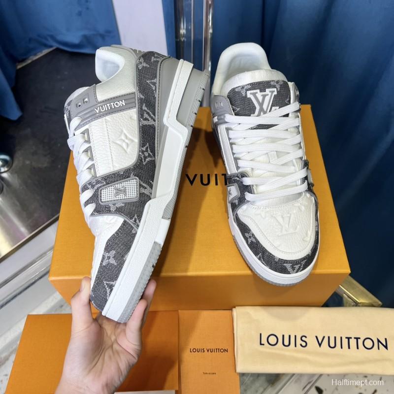 2025 Unisex Louis Vuitton Grey White Canvas Leather Sneakers