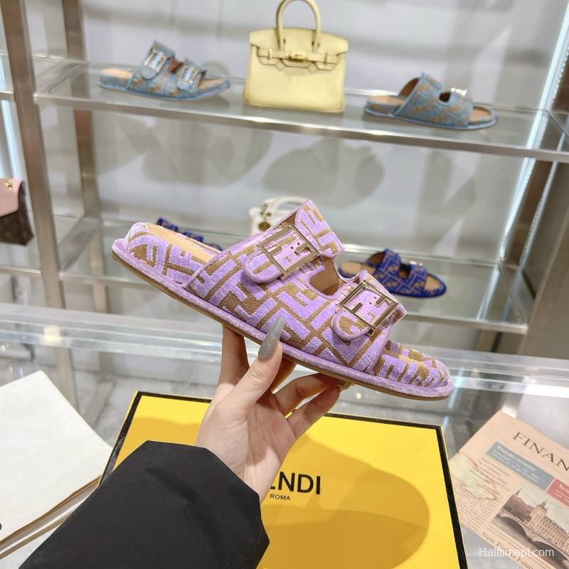 2025 Slippers Fendi Purple Fabric Buckle FF Jacquard MJ00230