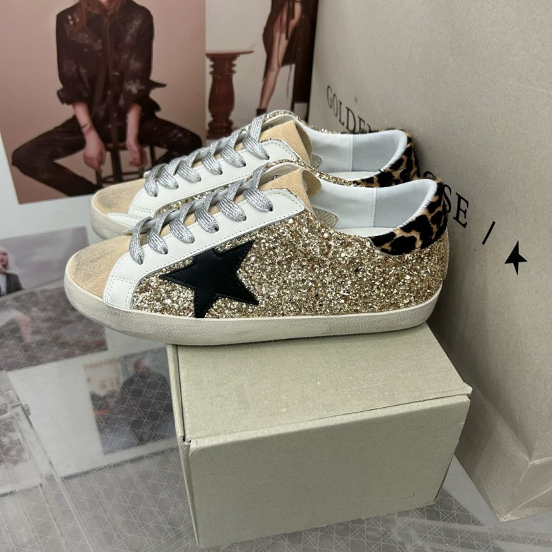 2025 Women GGDB Gold Glitter Black Leather Star Leopard Print Suede Sneakers