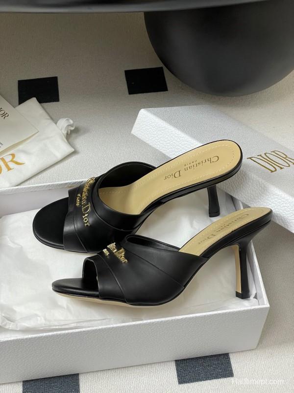 2025 Women Dior Black Leather High Heel Mules