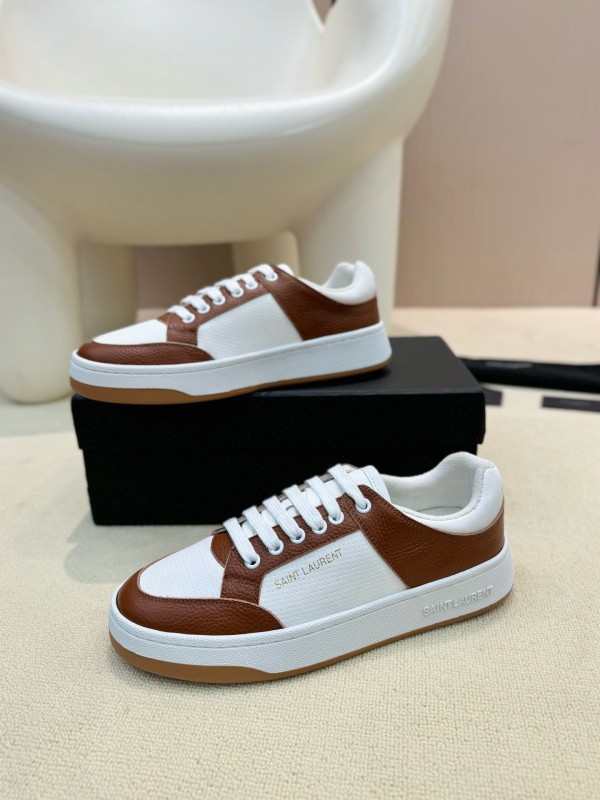 2024 Unisex Yves Saint Laurent White Brown Leather Canvas Sneakers MJ00350