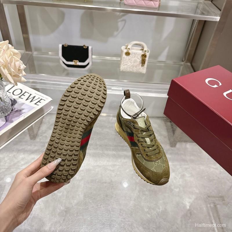 2025 Women Gucci Khaki Green Red Suede Mesh Sneakers LY00340