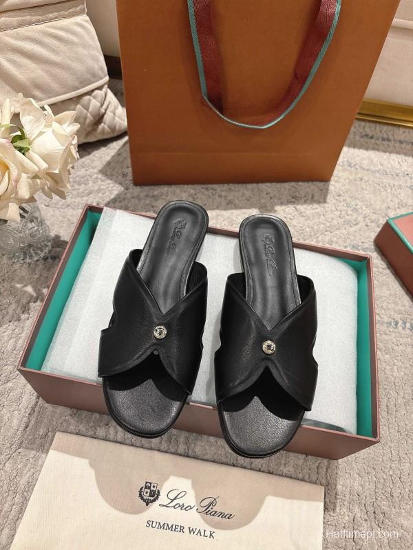 2025 Slippers LP Black Leather Slippers LY00270