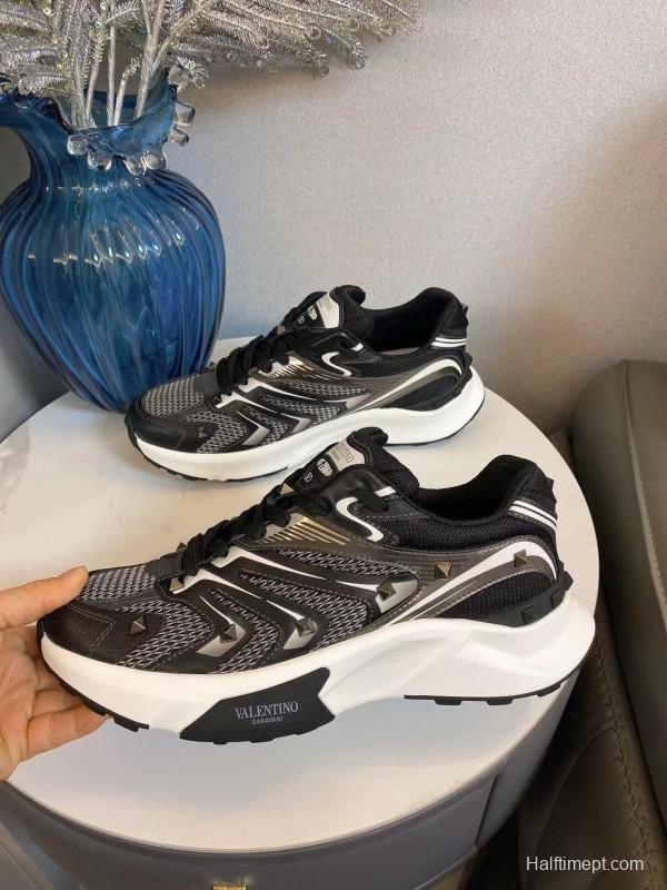 2024 Unisex Valentino Black White Mesh Leather Sneakers MJ00410