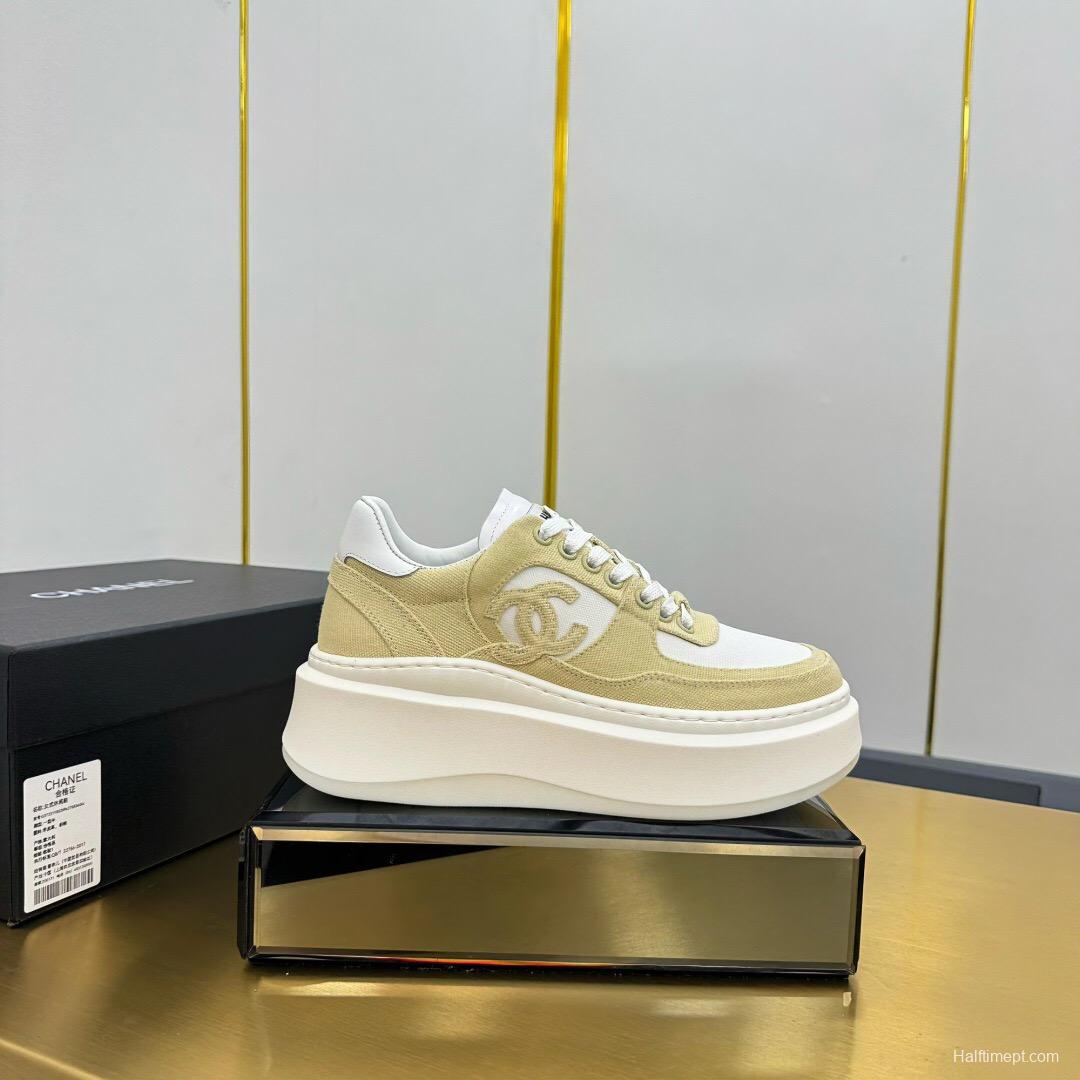 2025 Women Chanel Beige White Canvas Leather Sneakers