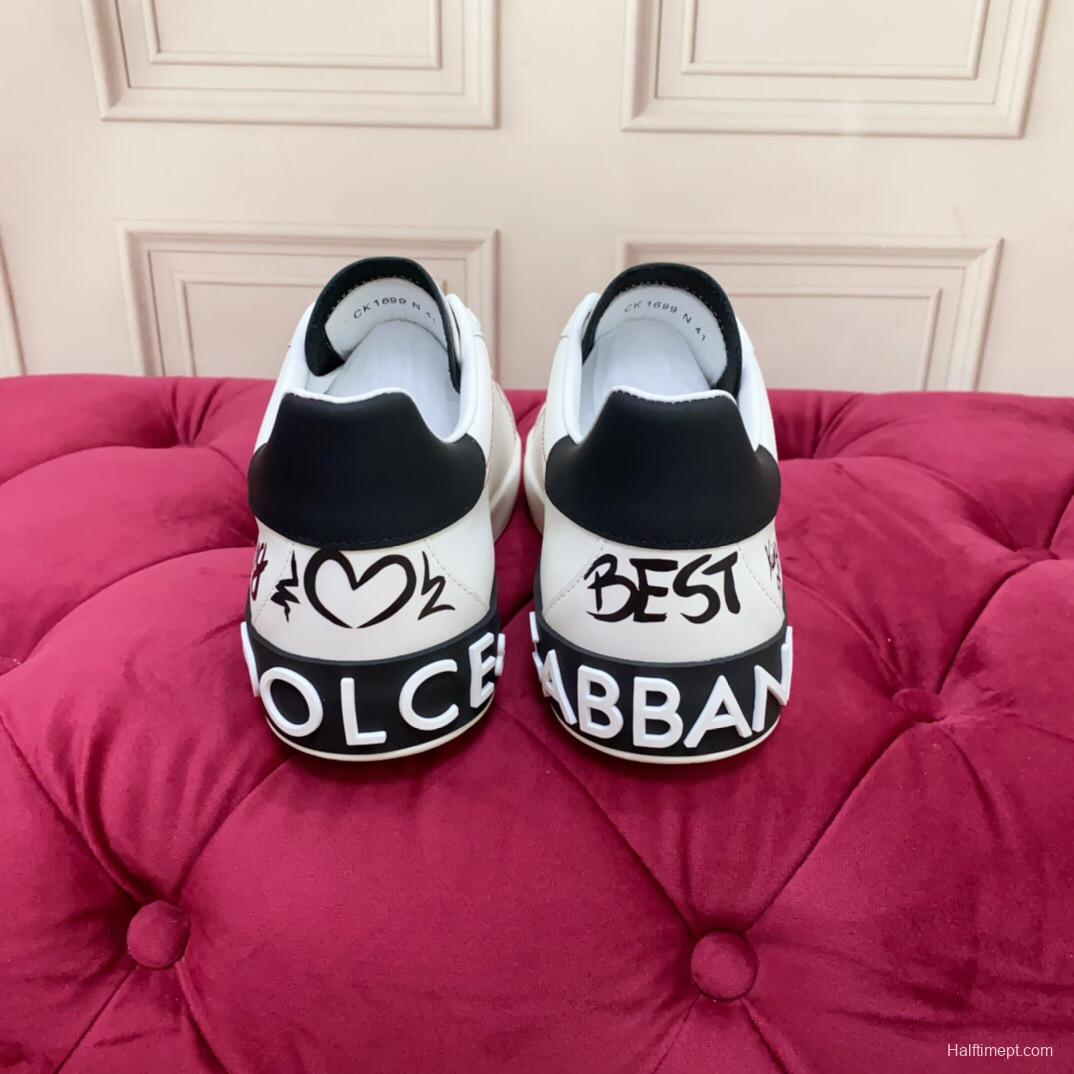 2025 Women Dolce & Gabbana White Black Leather Sneakers LY00340(F)