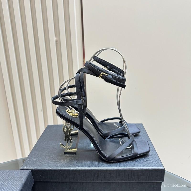 2025 Women Yves Saint Laurent Black Satin High Heel Sandals KFY00290