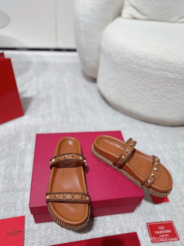 2025 Women Valentino Brown Leather Sandals Rope Braided LY00250