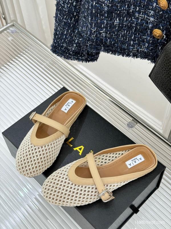 2025 Slippers ALALIA Beige Mesh Leather Flat Buckle