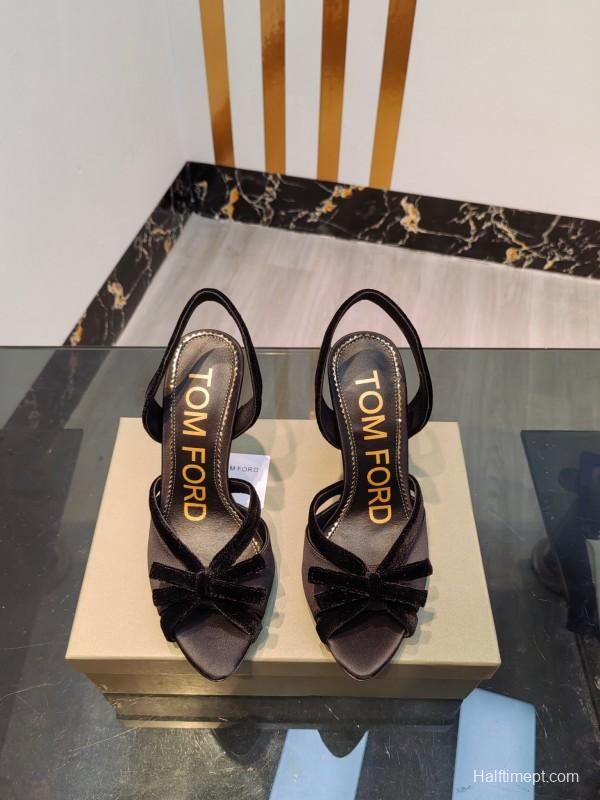 2025 Women TOM FORD Black Velvet High Heel Slingback Bow KFY00300
