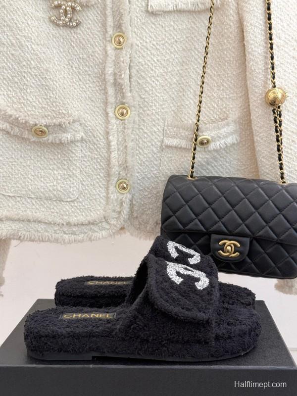 2025 Women Chanel Black Terry Cloth Slippers KFY00220