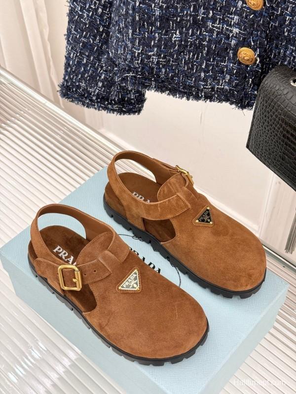 2025 Women Prada Brown Suede Sandals KFY00280