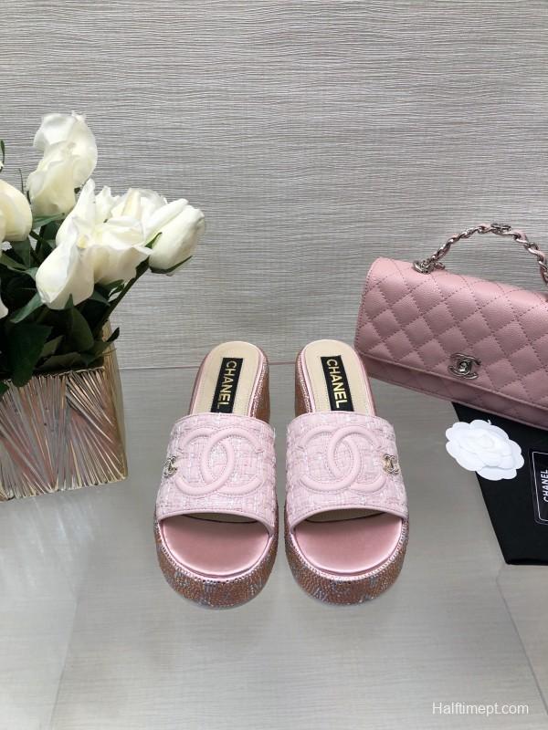 2025 Women Chanel Pink Tweed Platform Slippers LY00320