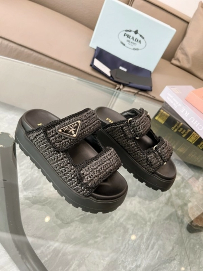 2025 Prada Black Woven Leather Slippers LY00290