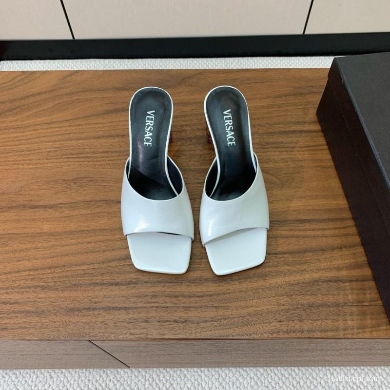 2025 Women VERSACE White Leather Slippers