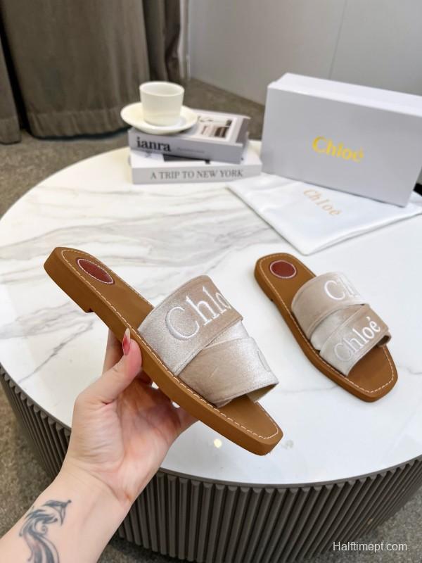 2025 Women Chloé Beige Velvet Slippers LY00200