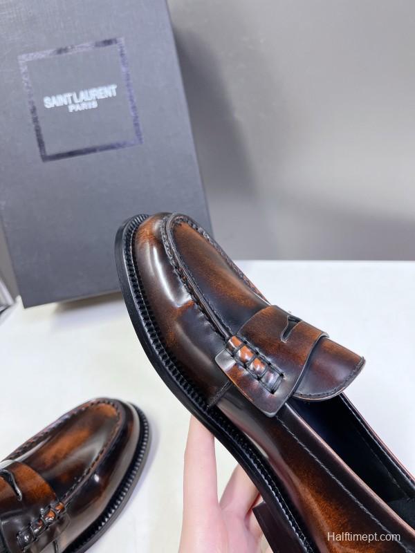 2025 Women Yves Saint Laurent Brown Leather Loafers KFY00350
