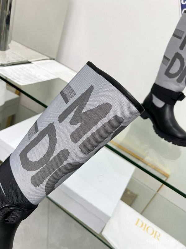 2024 Women Dior Black Grey Leather Fabric Knee High Boots