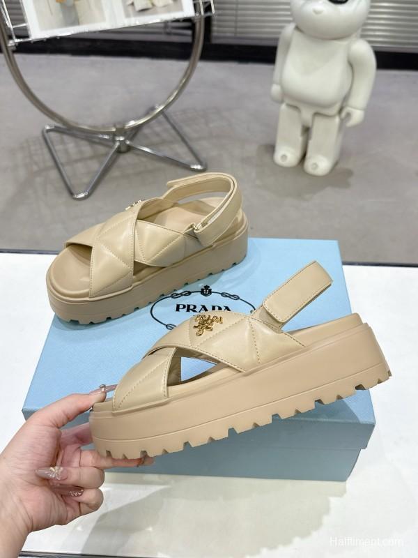 2025 Women Prada Beige Calfskin Sandals KFY00280
